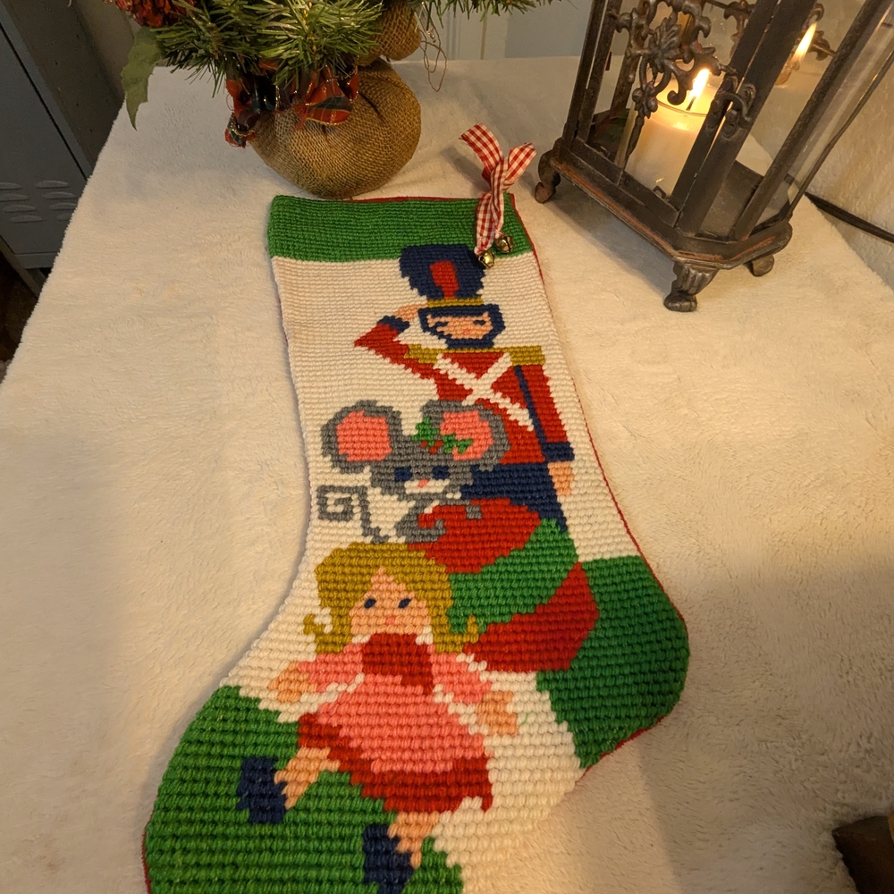 Handmade Needlepoint Nutcracker & Doll Christmas Stocking - Red Green White - Picture 6 of 8